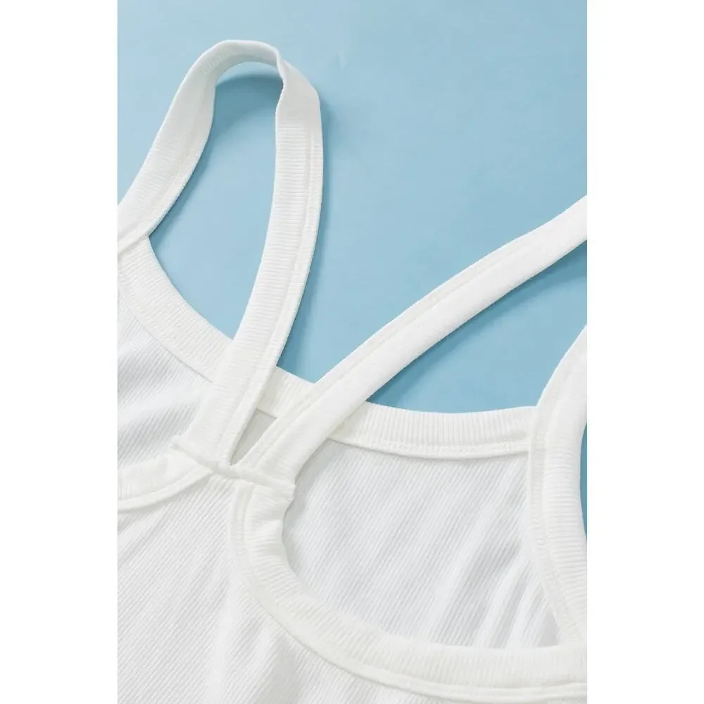 White Athletic Ribbed Cropped Cami Top New Size Large